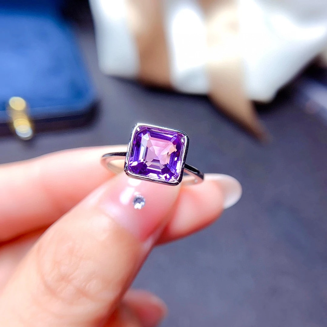 VVS Grade Amethyst Ring for Party 8mm Natural Amethyst Silver Ring Solid 925 Silver Amethyst Jewelry Gift for Woman