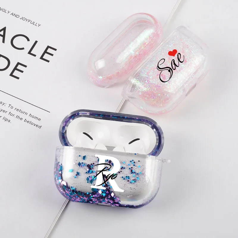 Tùy Chỉnh Tên Logo Hình Chất Lỏng Quicksand Ốp Lưng Glitter Cho Airpods Pro Trong Suốt Chống Cá Nhân Thiết Kế Cứng Máy Tính