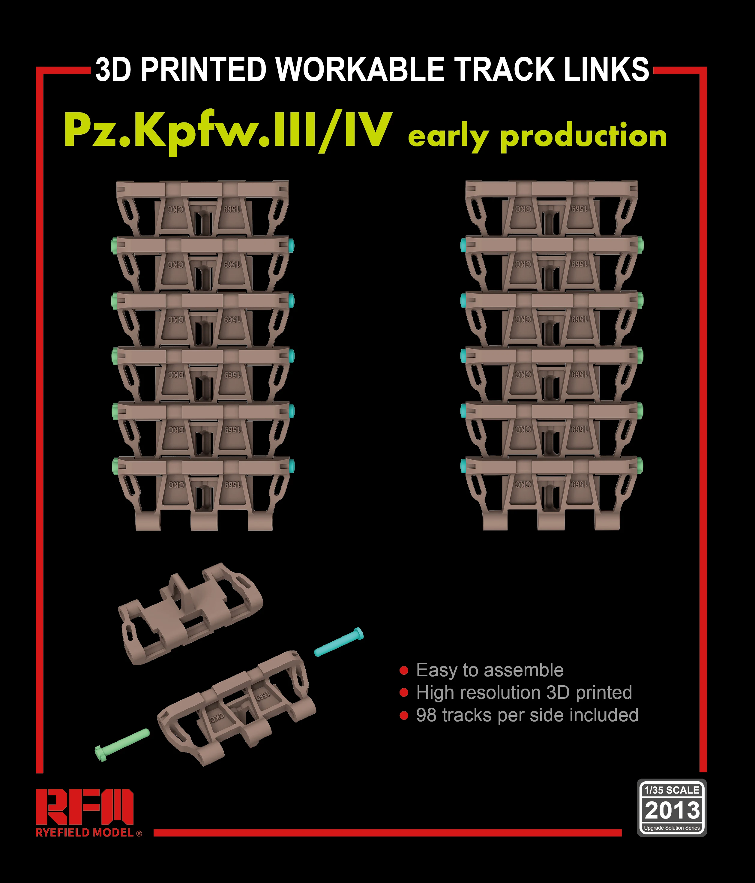 

RYEFIELD MODEL RFM RM-2013 1/35 Pz.Kpfw.III/IV early production 3D PRINTED WORKABLE TRACK LINKS Assemble