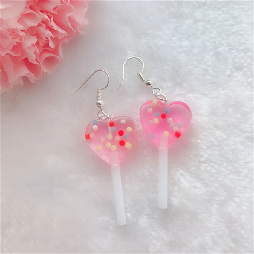 1Pair Cute Woman Drop Earrings Flatback Resin Heart Lollipops Multicolor Candy Fashion Jewelry For Girl