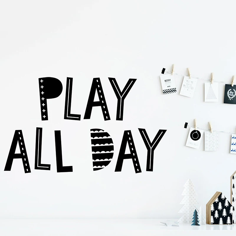 Scandinavian Play All  Day Quote Wall Sticker Playroom Kids Room Scandi Play All Day Wall Decal Nursery Vinyl Home Decor