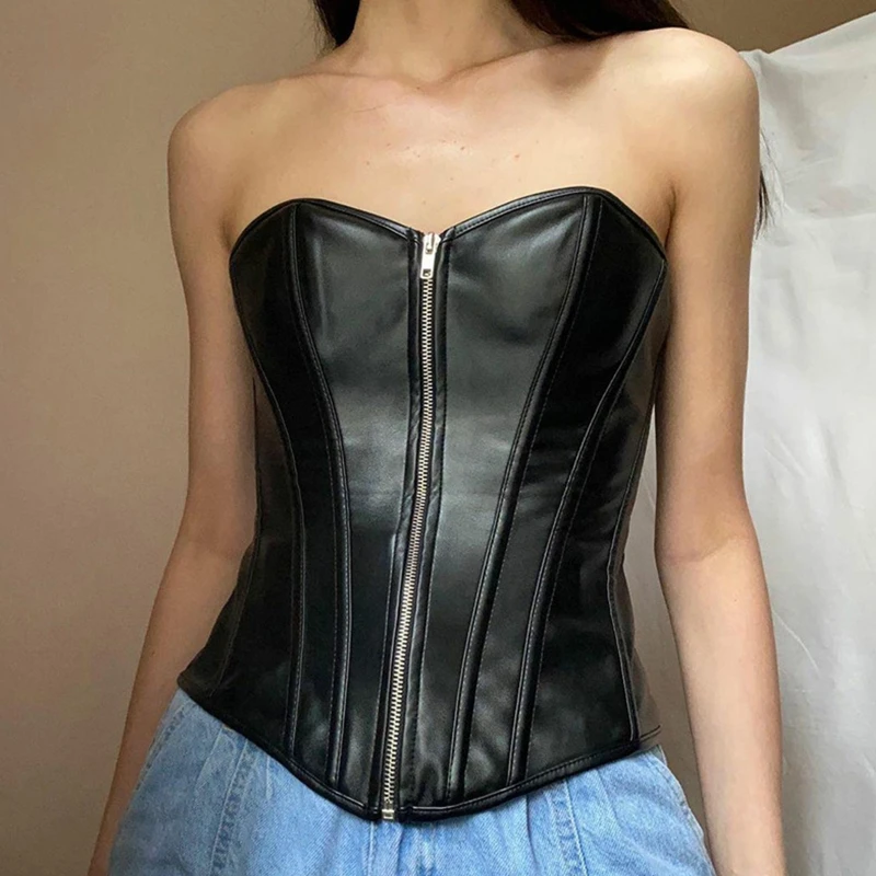 Push Up Bustier Sexy Crop Tank Tops Sleeveless Corset Zipper Vest Waist Trainer Steampunk Waist Cincher For Women Black