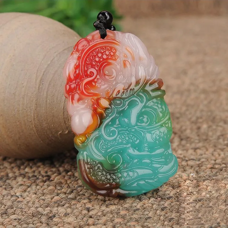 Natural Xinjiang Gobi Colored Jade Floating Flower Dragon Pendant Zodiac Dragon Men's and Women's Sweater Chain Pendant Jewelry