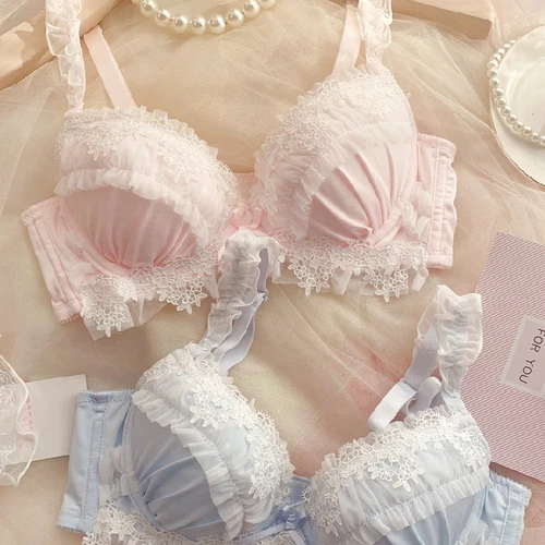 스틸 링 푸시업 브래지어 세트, 순수한 욕망 바람 큰 컵, 소녀 속옷 자수 레이스, 팬티 포함 대형 란제리 세트 