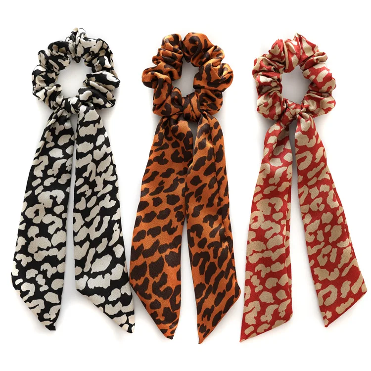 18PC/lot Leopard Scrunchies Streamers Hair Ponytail Holder Tie Elastic Hair Bands wholesale