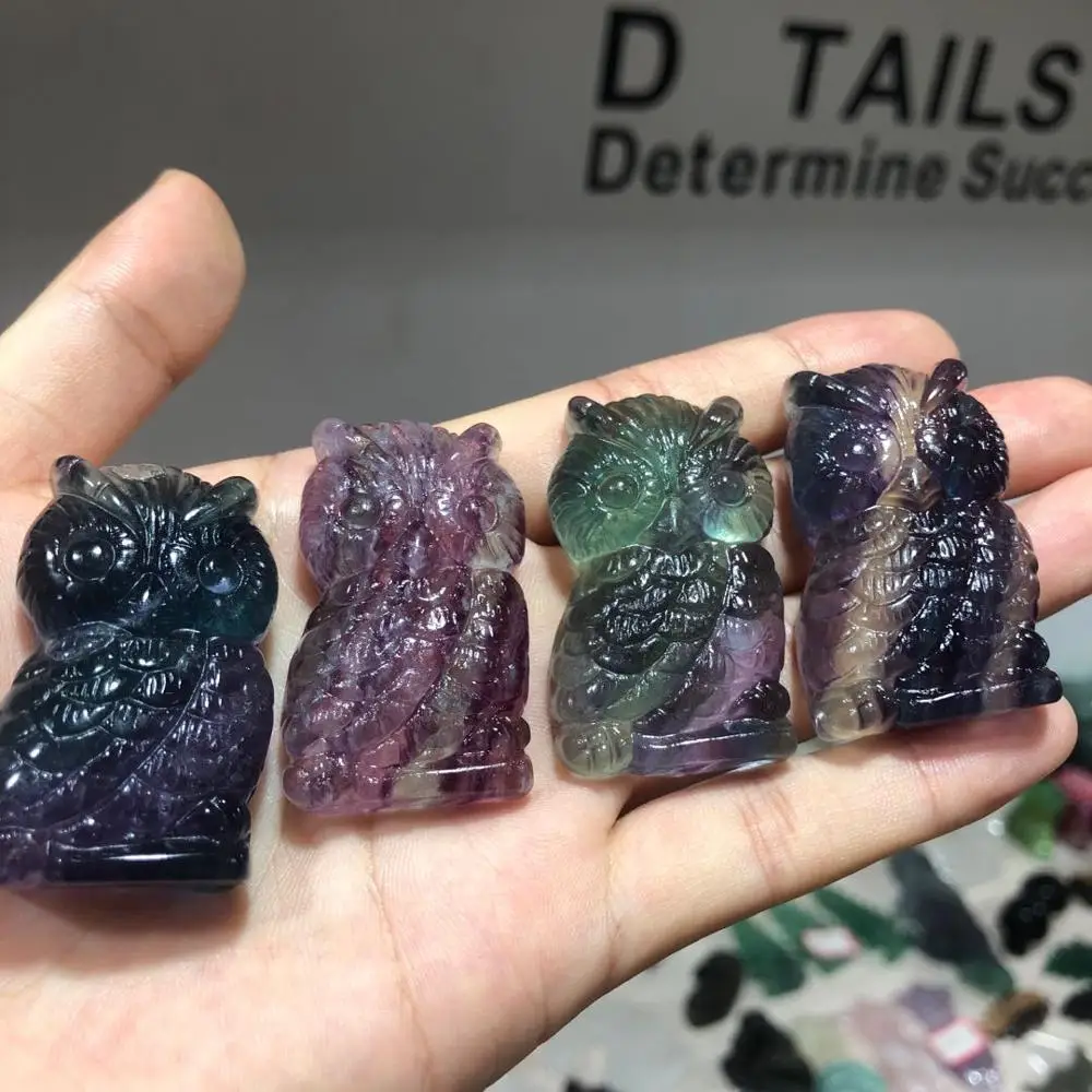 

Beautiful Cute Natural Colorful Fluorite Crystal Hand Carved Owl Crystal Healing Stone Animal Carving Gift