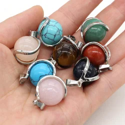 Natural Stone Rose Quartzs Tiger Eye Stone Pendants Metal Alloy Round Shape Stone Charms for Jewelry Making DIY Necklace 16x23mm