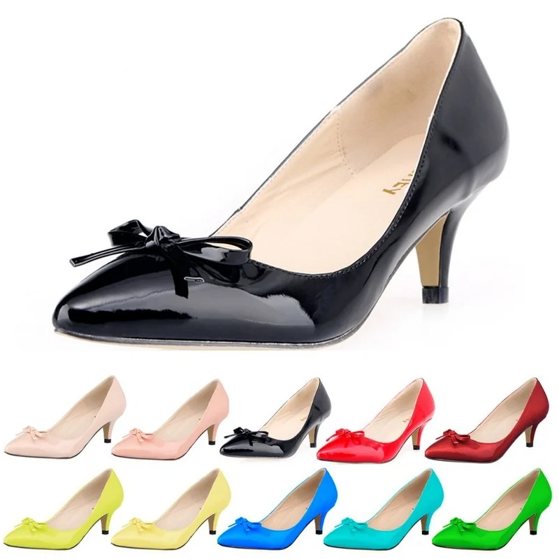 LOSLANDIFEN Women Sexy Low Mid Kitten Heels Shoes PU Patent Leather Pointed Toe Work Pumps With Bowknot wedding shoes 678-3