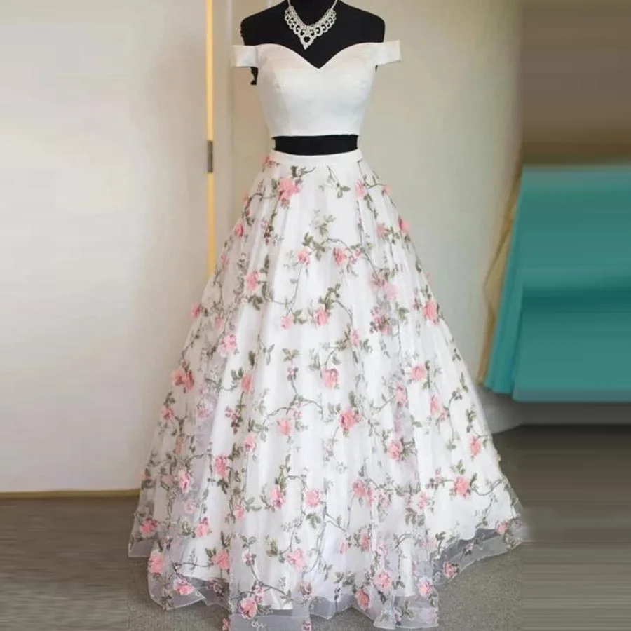 Floral Skirt Lace Prom Skirts Charming Long Graduation Gown White Satin Evening Skirt With Lace 3D Flowers Skirts Ever Pretty