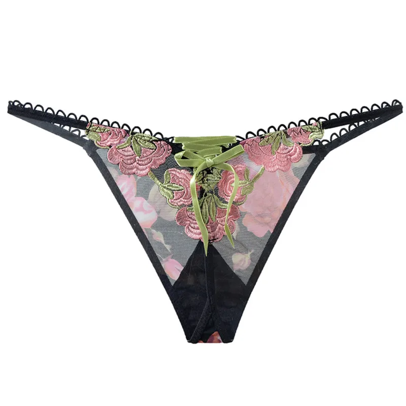 String brodé de fleurs Sexy pour femmes, sous-vêtements taille basse, culotte en maille ajourée, sans couture, Lingerie transparente