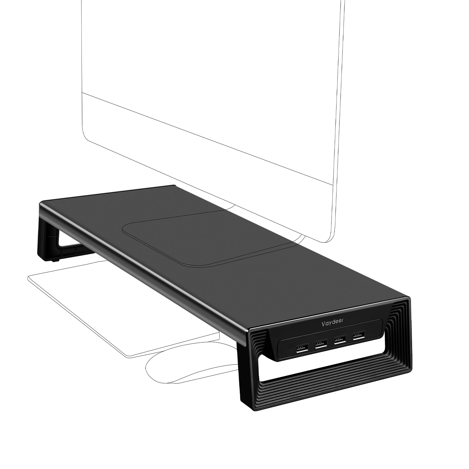 USB3.0 Hub Trapezoid Monitor Stand Riser Support Data Transfer and Charging Steel Desk Organizer for Laptop Computer