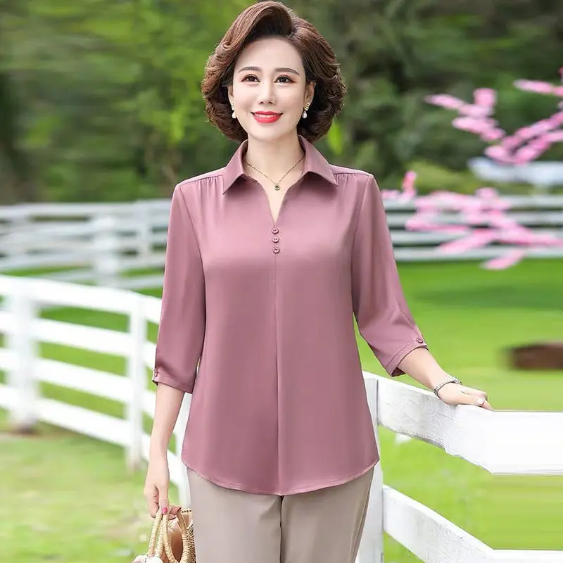 Elegant solid Chiffon shirt Women Fashion casual puls size 7XL Three Quarter blue tops ladies 2021 new summer loose Mom blouse