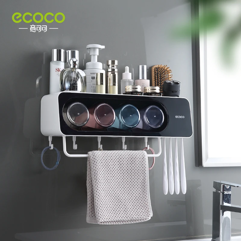 ECOCO Newest Wall Mount Toothbrush Cup Holder Multi-Functional Bathroom Accessories Organizer Rack with Towel Bar Hooks