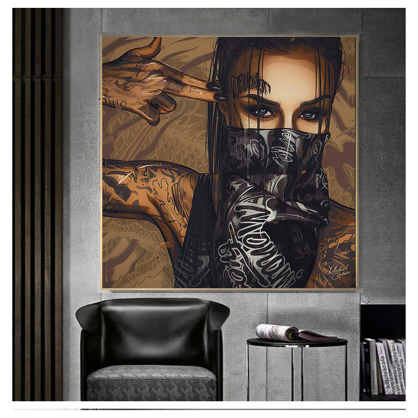 Oil Painting Posters and Prints on Canvas Wall Art Picture for Living Room Cuadros Home Decor Wearing Mask Tattoo Girl Portrait