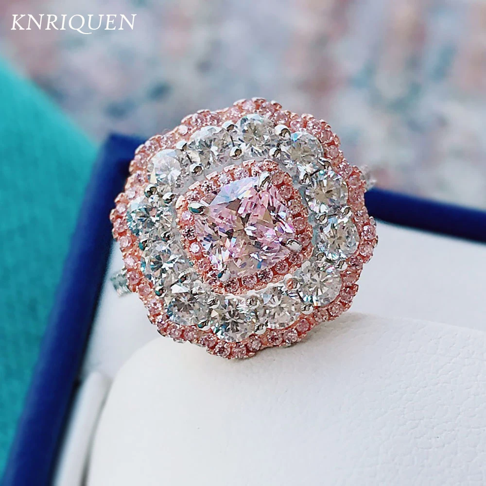 

Luxury Real 925 Sterling Silver Pricess Cut Pink Quartz Topaz High Carbon Diamond Gemstone Wedding Engagement Rings for Women