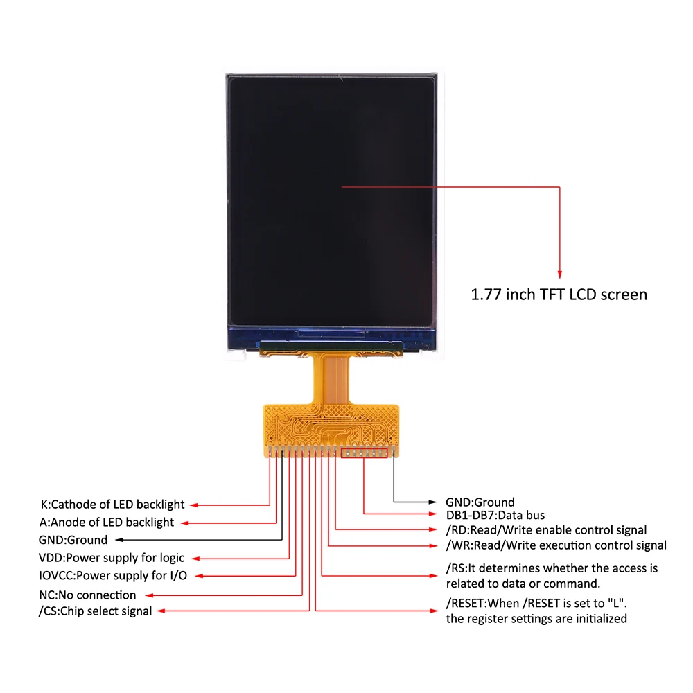 2.5V-3.3V 1.77 Inch TFT LCD Color Screen Display Module 128*160 Resolution Welding 20 PIN ST7735 Drive MCU8080 Parallel Port