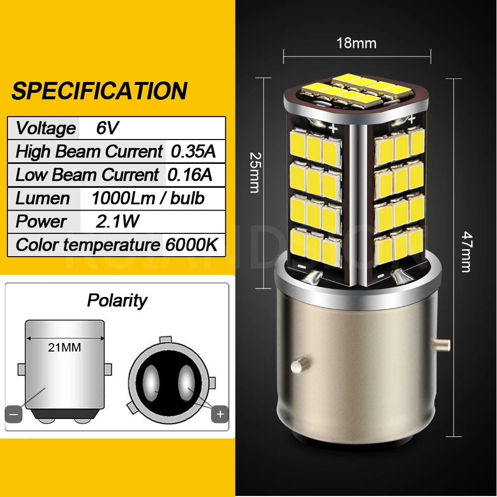 RUIANDSION 1Pcs 1200Lm BA21D Replacement Headlight Motorcycle Moped LED Bulb Driving Light 56Leds 2835SMD DC 6V 12V 6000K Amber