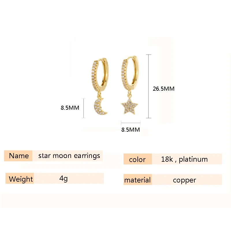 SIPENGJEL Fashion Shiny Zircon Huggie Hoop Earrings Classic Geometric Moon And Star Pendant Hoop Earrings For Women Jewelry Gift