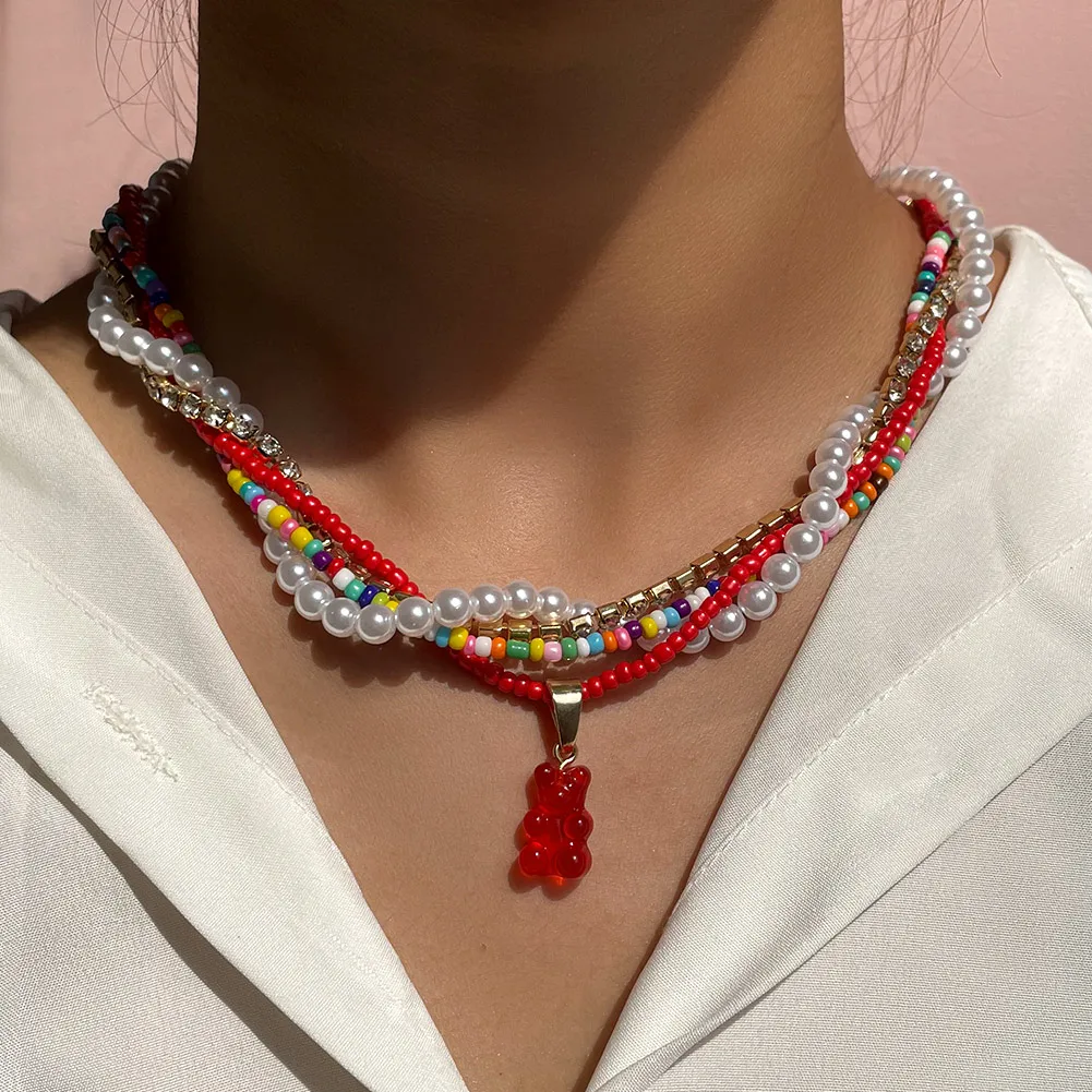 Kpop-collar con cuentas acrílicas de colores para mujer, Mini Oso de caramelo, gargantilla de cristal con perlas de imitación de mujer, conjunto de collares, joyería Bohemia