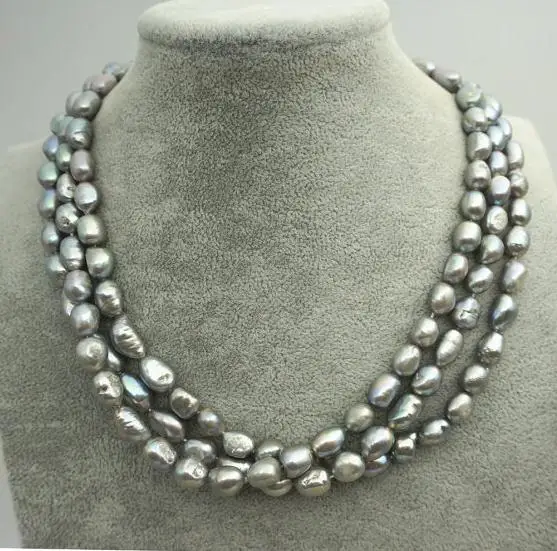 

Favorite Pearl Jewelry 8mm Gray Color Three Rows Genuine Freshwater Pearls Necklace Wedding Love Mothers Day Happiness Gift