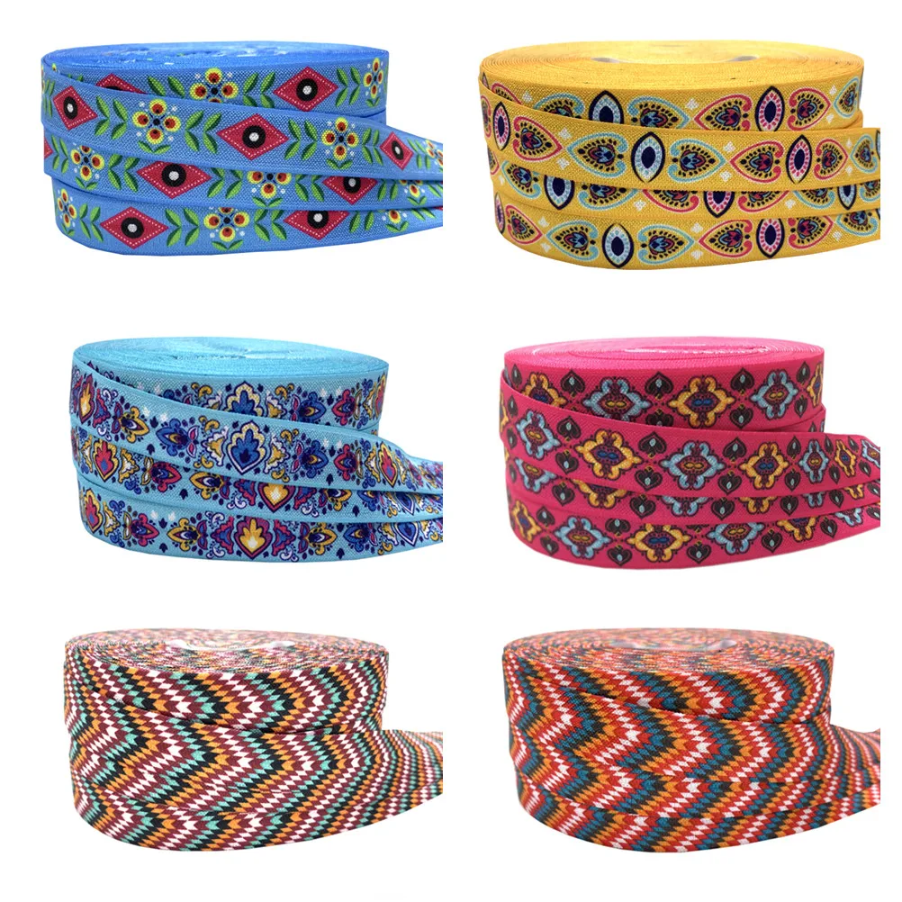 16mm Colorful Geometry Print Chevron Fold over Elastic Band Sewing Tape Handmade Crafts Accessories DIY Baby Headband Hair Ties