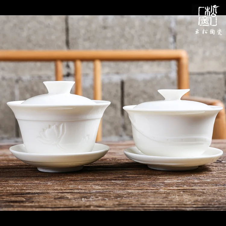 Ceramic Whiteware Cover Bowl Ivory White Three-Force Bowl Cup with Cover Jade Porcelain Kung Fu TeaSet Sopera De Ceramica Gaiwan