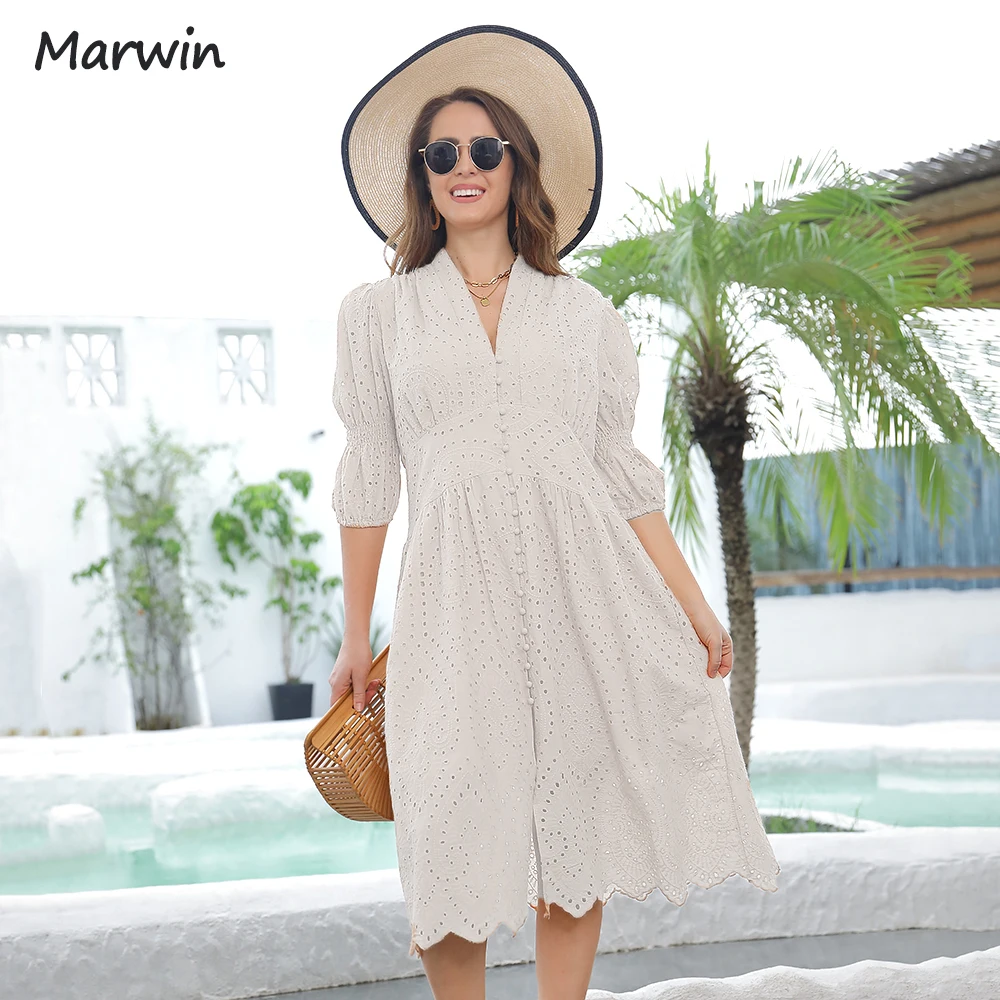 Marwin Long Simple Casual Solid Hollow Out Pure Cotton Holiday Style High Waist Fashion Mid-Calf Autumn Puff Dresses NEW Vestido