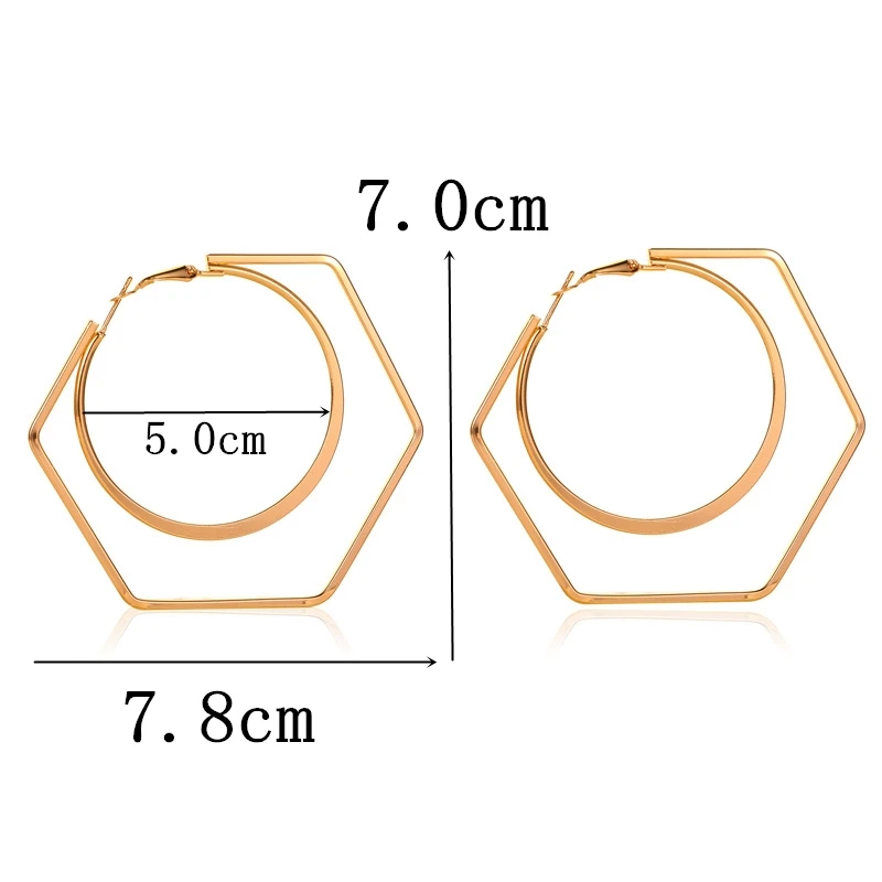 New Hollow Big Hexagon Round Hoop Earrings For Women Gold Color Simple Statement Trendy Jewelry Wholesale Nice Gifts