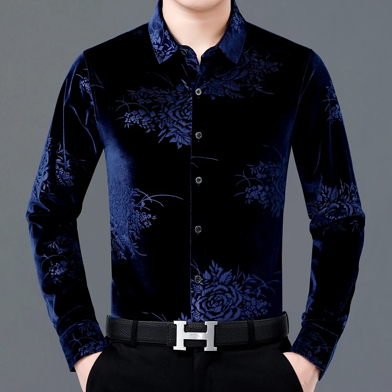 Flower Pattern Carved Fashion Casual Shirts For Men Long Sleeved Autumn Quality Velvet Soft Comfortable 4XL Luxury Chemise Homme