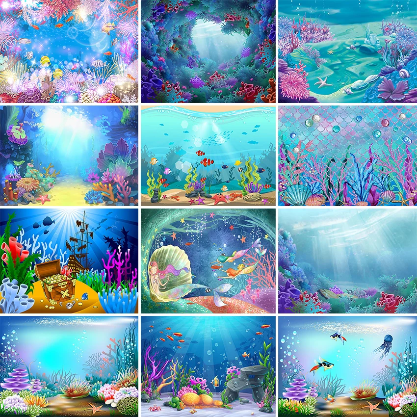 

Photography Background Mermaid Birthday Party Ocean Sea Plant Decor Backdrop Photocall Vinyl Aquarium Landscape Fish Tank Poster