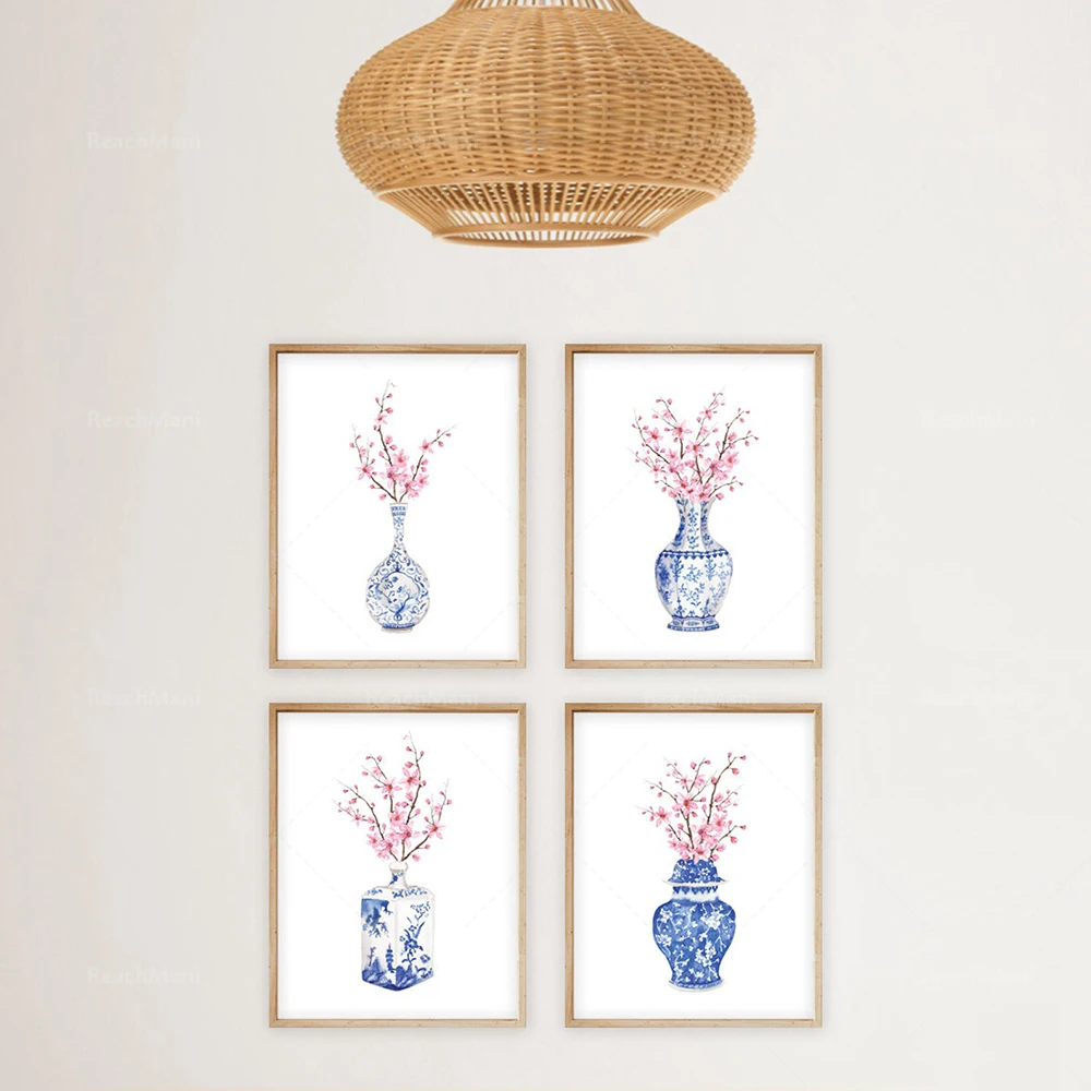 

Cherry Blossom Chinoiserie Vases Printable Art Set 4 Prints, Instant Digital Download Blue and White
