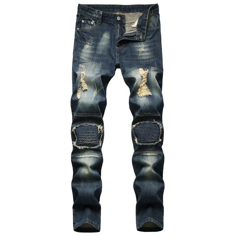 

Denim Men Ripped Hole Distresses Washed Pleated Jeans Male Casual Outerwear Slim Fit Jeans Retro Blue Trouser Hip Hop Size 29-42