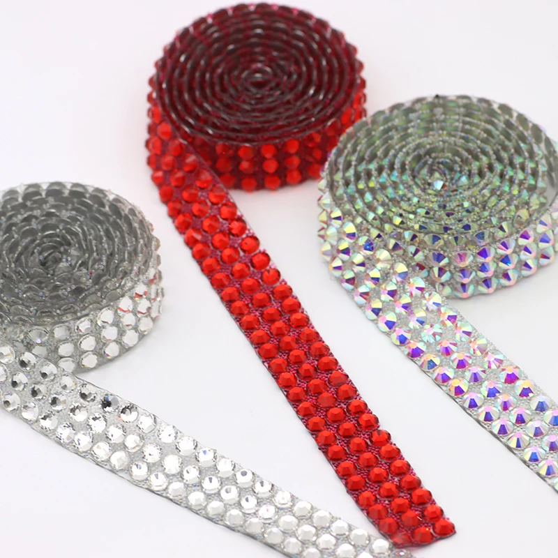 1 Yard Sewing Trim Crystal Red Strass Hot Fix Rhinestone Tape Applicator Ribbon With Rhinestones Iron On Appliques For Dresses