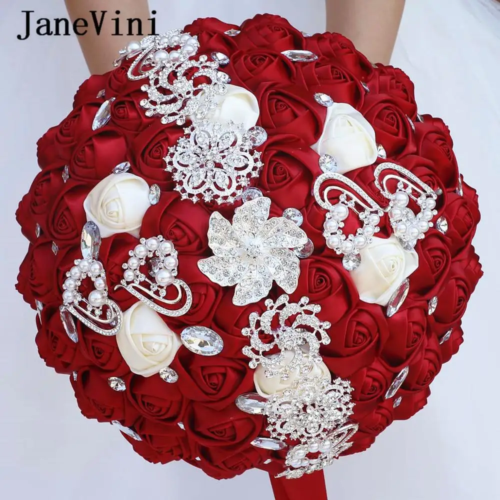 

JaneVini Luxury 30CM Big Burgundy Ivory Crystal Bridal Bouquets Custom Artificial Flowers Satin Roses Bridesmaid Wedding Bouquet