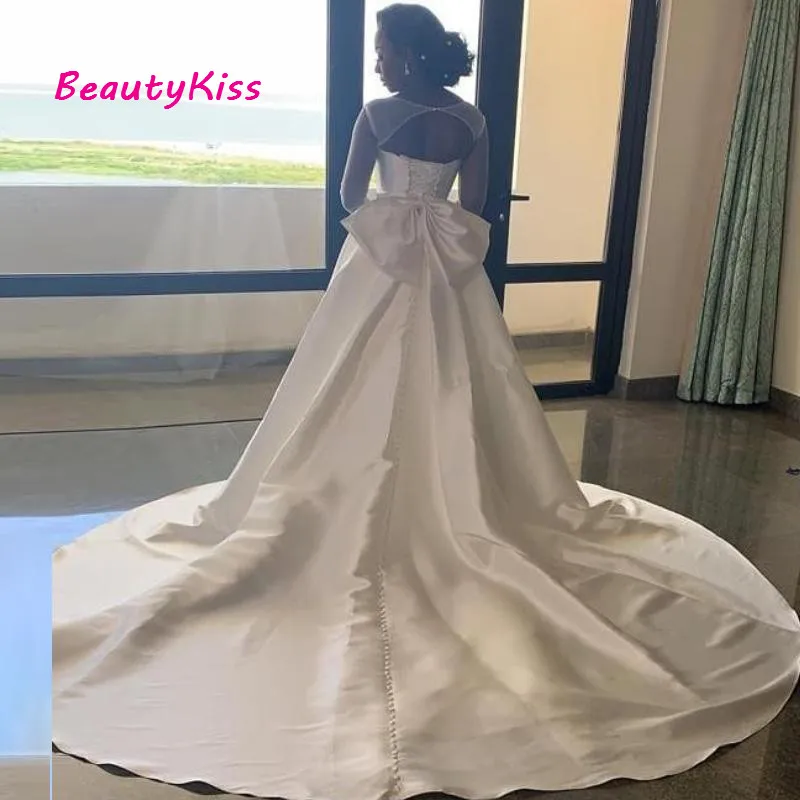 Satin Mermaid Wedding Dresses With Detachable Train Illusion Long Sleeve Bridal Gowns Simple African Wedding Bridal Dress