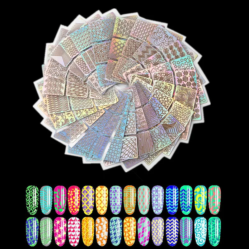 

24 Sheets DIY Nails Stamping Template Nail Stickers Irregular Grid Stencil Reusable Nail Art Vinyls Hollow Stickers T0504