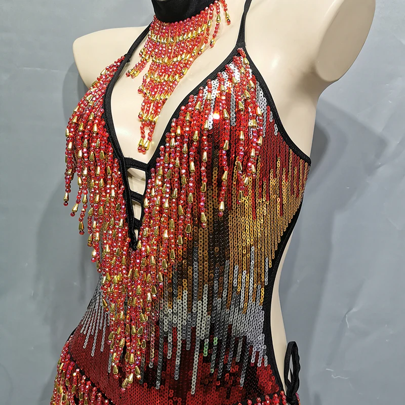 Sexy Tassel Sparkly Beading Sequin Bodysuit Festival Women\'s Costume EDC Party Nightclub Outfit Stage Performance Dance Clothing