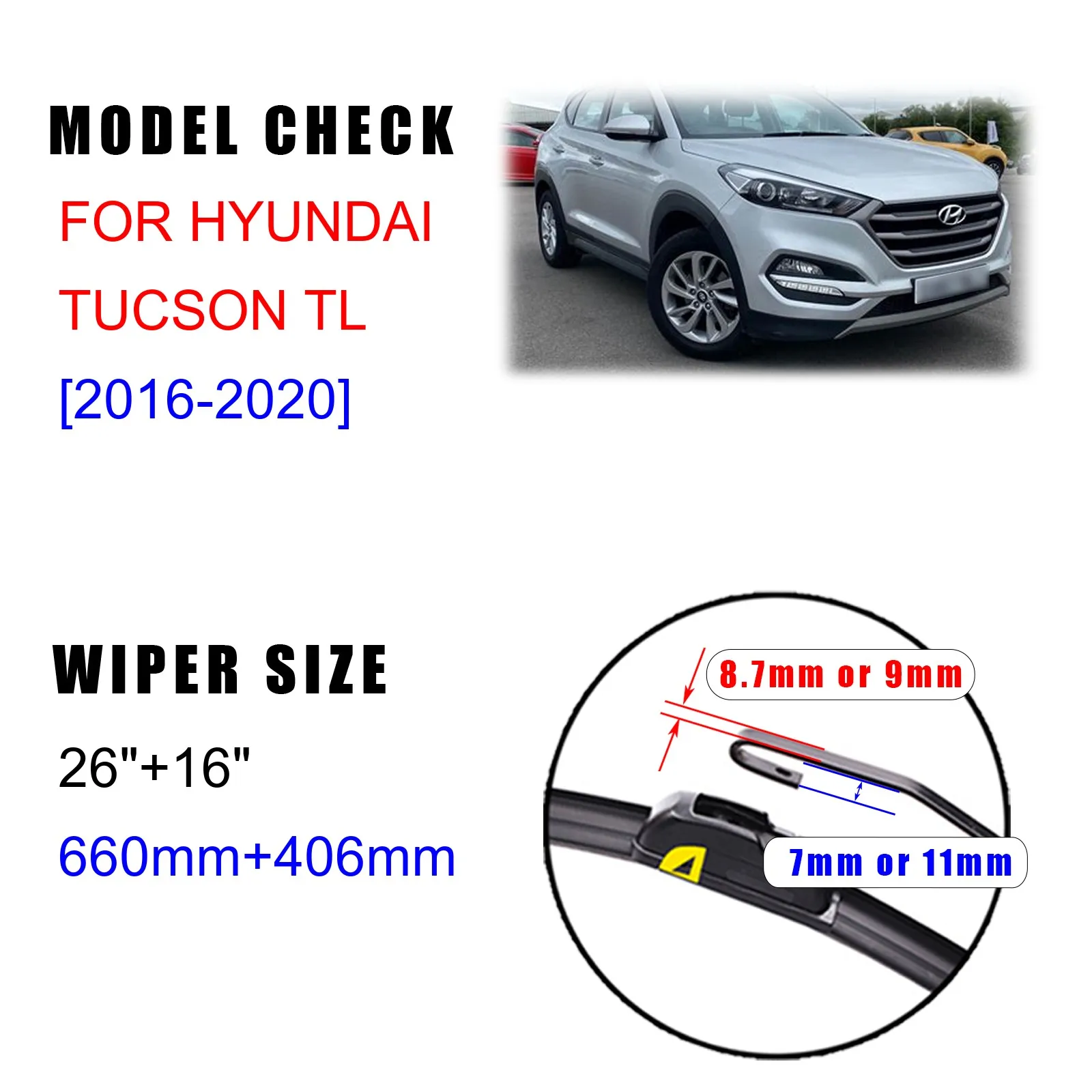 For Hyundai Tucson 2016 2017 2018 2019 2020 Front Wiper Blades Brushes Cutter Accessories   U J Hook Windshield Windscreen