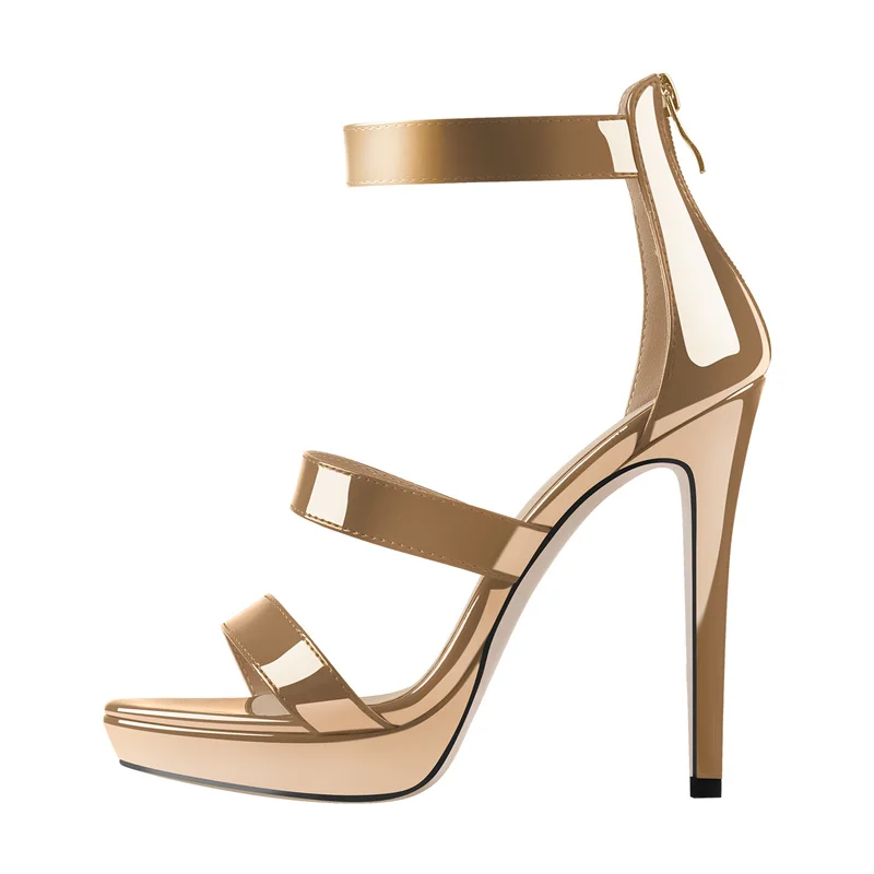 Onlymaker Women Platform Summer Sandals Patent Leather Narrow Cover Heel Thin High Heels Shoes Zipper Large Size Band Sandals