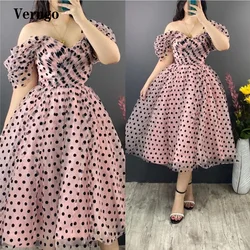 Verngo Princess A Line Black Polka Dotted Tulle Prom Dresses Off Shoulder Short Sleeves Tea Length Formal Party Gowns Plus Size