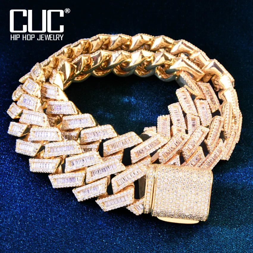 CUC Gold Color Miami Cuban Necklace Chain Solid Iced Baguette Zircon Men's Hip Hop Link Choker Fashion Rock Jewelry 17mm