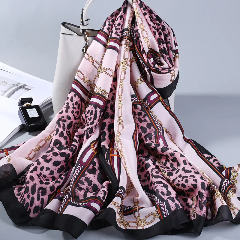 2020 Fashion Women Silk Scarf Scarves Soft Silk Women Shawl Leopard Chain Printed Scarves Long Wraps