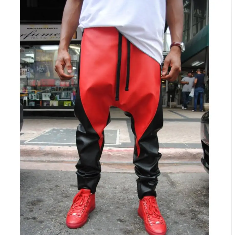 27-46  New 2024 Men\'s Clohting Fashion Hiphop Color Block Strap Casual Harem Pants Leather Trousers Plus Size Costumes