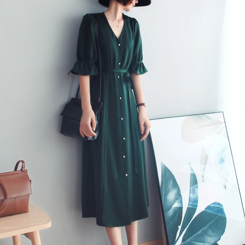 

2021 Spring Summer Vintage Dark Green Dresses Temperament V-Neck Short Sleeve Waist Women Long Dresses Elegant Female Dresses