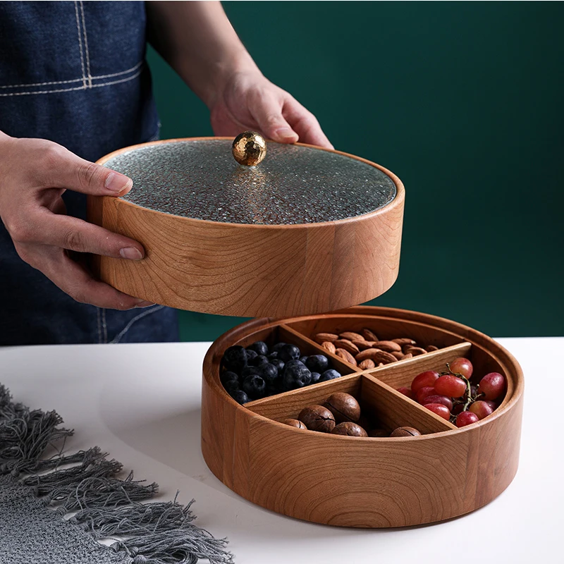 Separated Storage Box Black Walnut Wooden Dried Fruit Box With Lid Single Double Layer Livingroom Creative Candy Snack Organizer