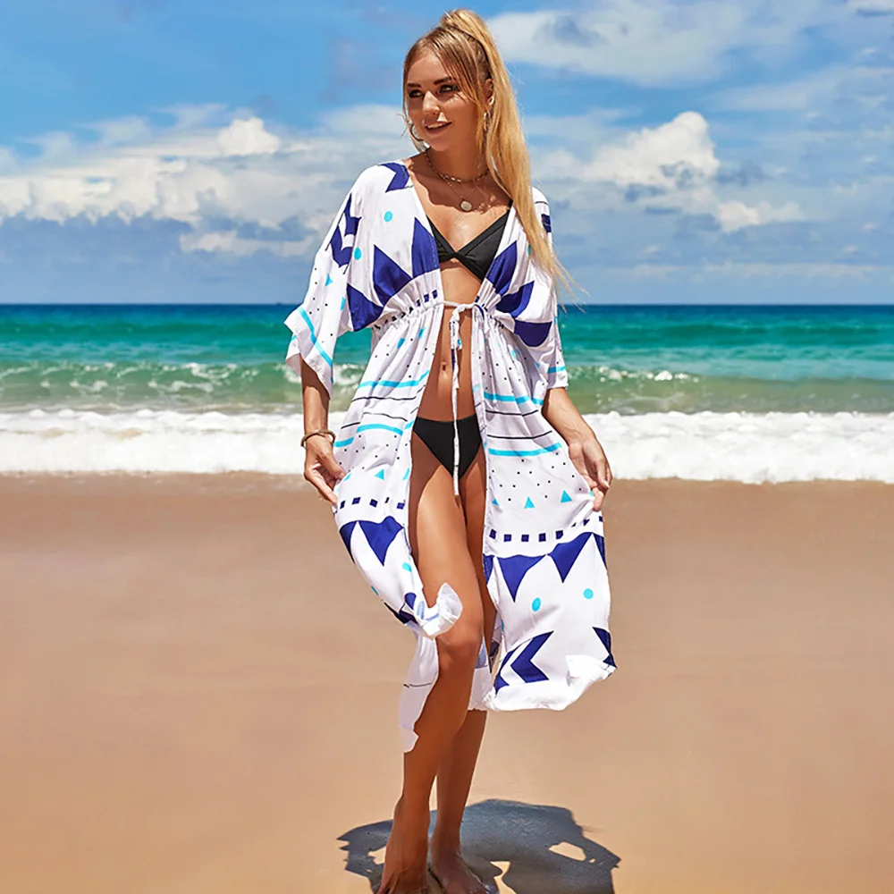 2023 New Women Beach Cover Up Pareo Swimsuit Cover-ups Boho Beachwear  Bathing Suit Tunic Saida De Praia Cardigan Dress