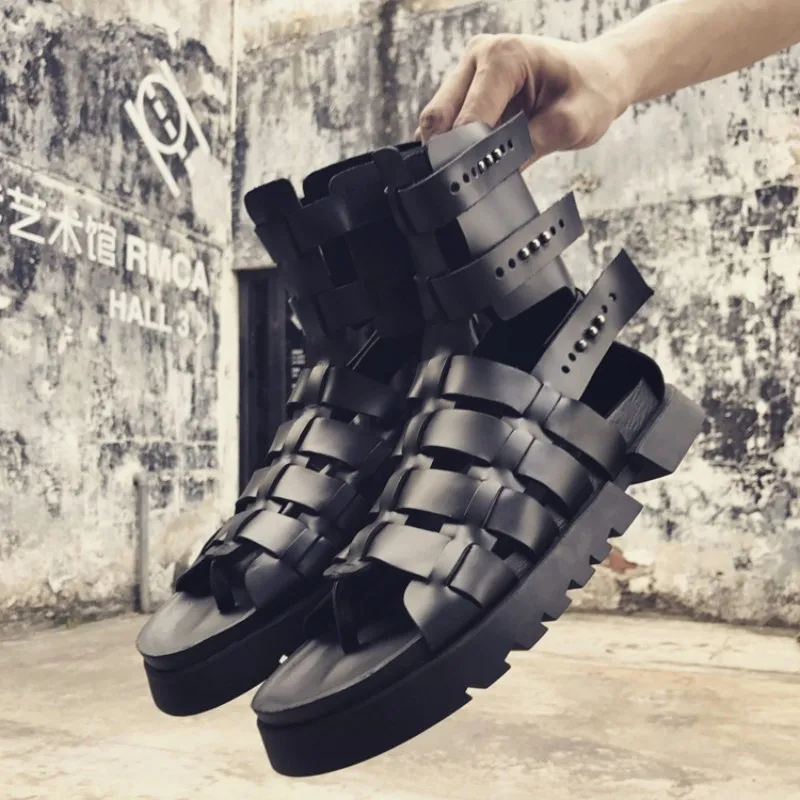 Harajuku Gladiator High Top Shoes Mens Open Toe Thick Bottom Genuine Leather Roman Sandals Male Summer Fashion Outside Sandal