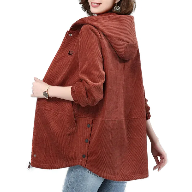 Mid-Length Windbreaker Women 2025 Spring And Autumn New Corduroy Jacket Thin Hooded 5XL Loose Casual Coat  Female A33