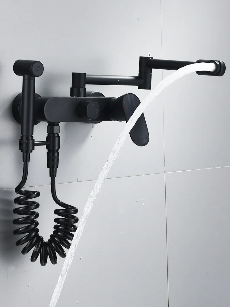 Bathroom Basin Faucets Solid Brass Black/Chrome Sink Mixer Tap Hot & Cold Lavatory Crane In-Wall Mounted Mop Pool Fold Faucet