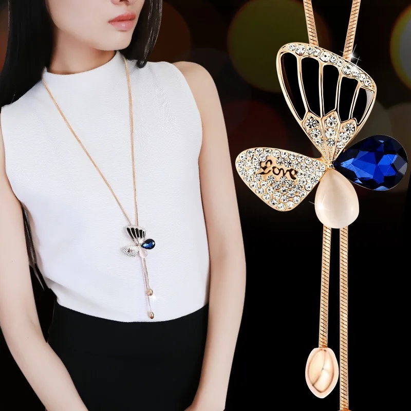 BYSPT Fashion Joker Blue Gray Crystal Long Waterdrop Dress Adornment Necklace The Female Butterfly Sweater Chain